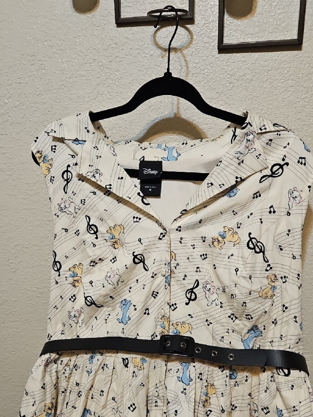 torrid/disney Cream Midi Dress with Blue and Yellow Musical Print and Black Belt - Picture 2 of 9